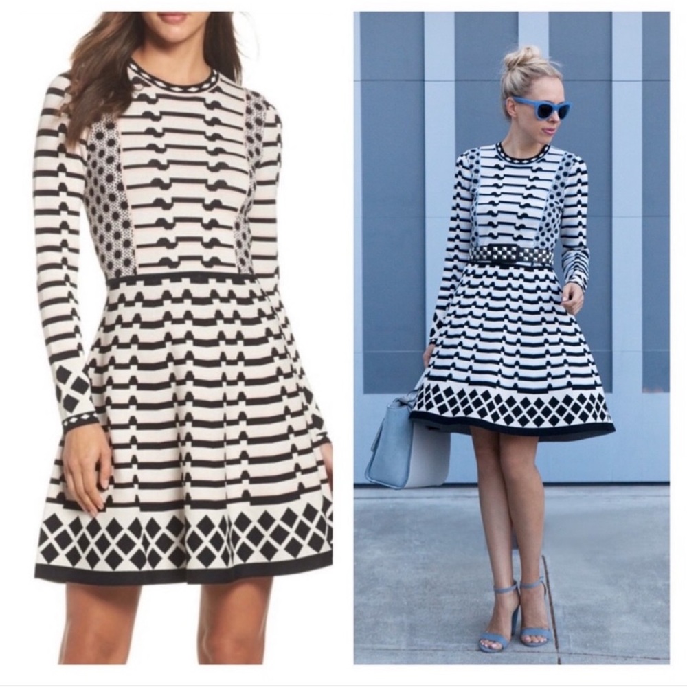 Eliza J Artwork Jacquard Sweater Dress Long Sleeve Fit & Flare size Large NWT